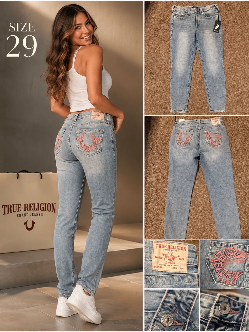 True Religion Skinny Jeans in Light Blue with Pink Embroidered Pockets
